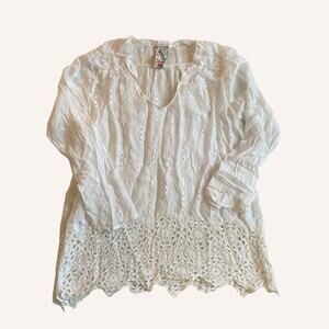JOHNNY WAS cream blouse, long sleeve, embroidered flowers + eyelets